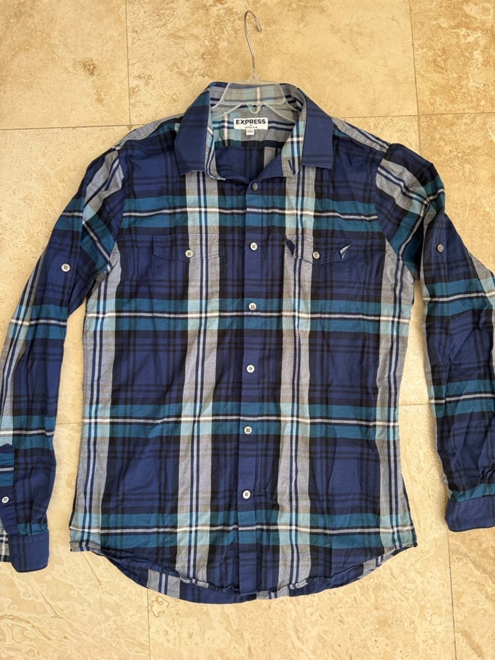 Express Men's Navy and Teal Plaid Extra Slim Button-Down Shirt